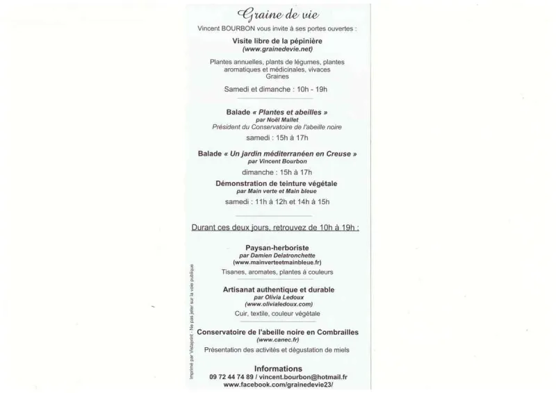 18 &amp; 19 mai 2019, Portes ouvertes de la pépinière "Graine de vie", Dontreix (23) Visuel